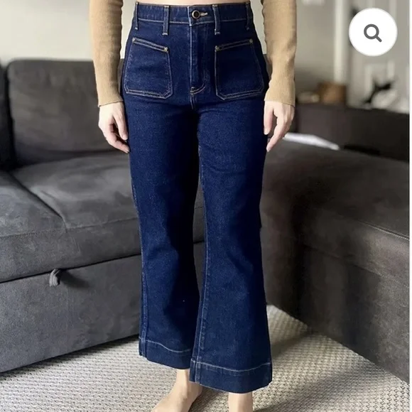 KHAITE Raquel Dark Patch Pocket Blue Flare Crop Jeans 25 - Picture 4 of 11